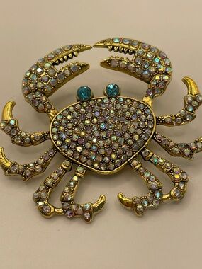 Gold-Tone Crystal Crab Brooch — Iridescent Aurora Borealis 2” rhinestones